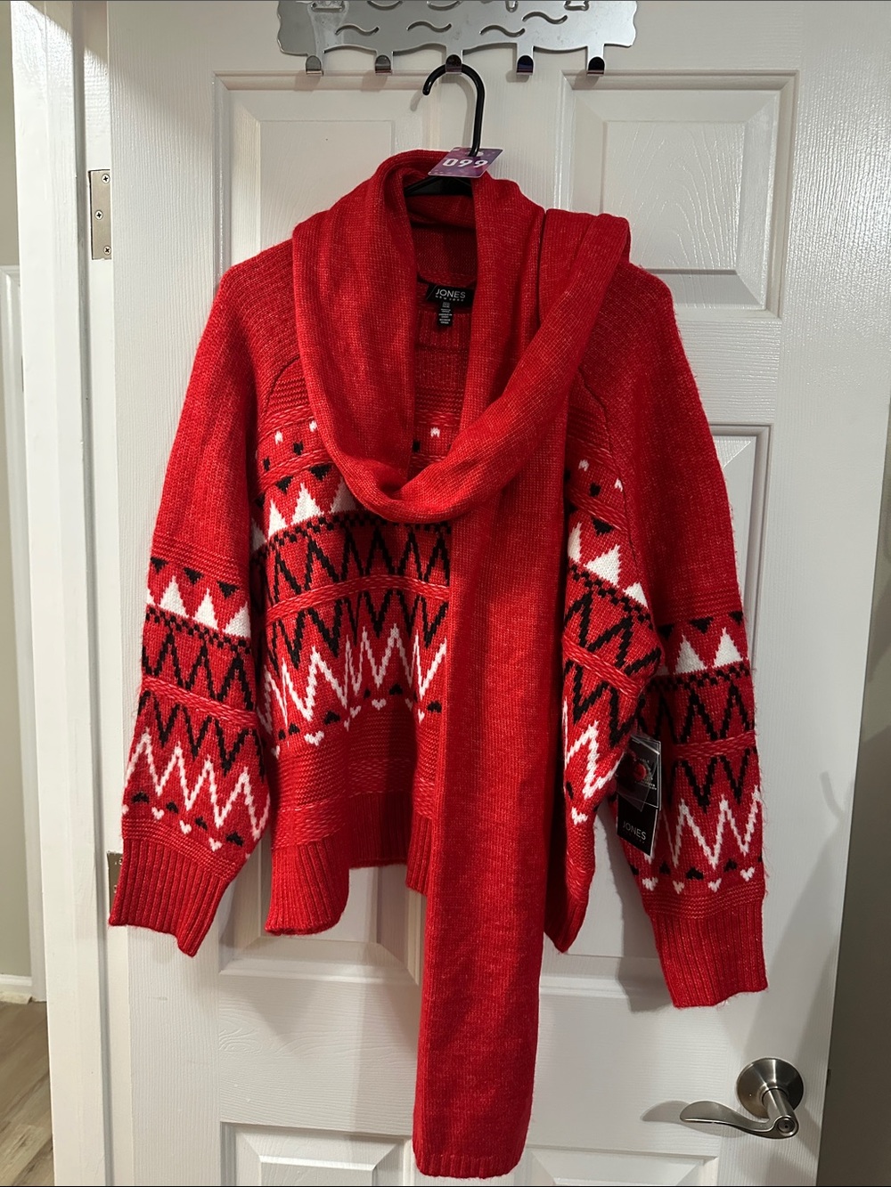Jones New York Red Geometric Cowl-Neck Sweater with Matching Scarf